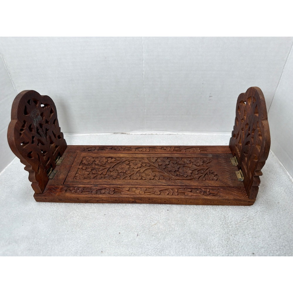 VTG Archana Handicrafts Wood Book Stand Carved Floral Folding India Expandable